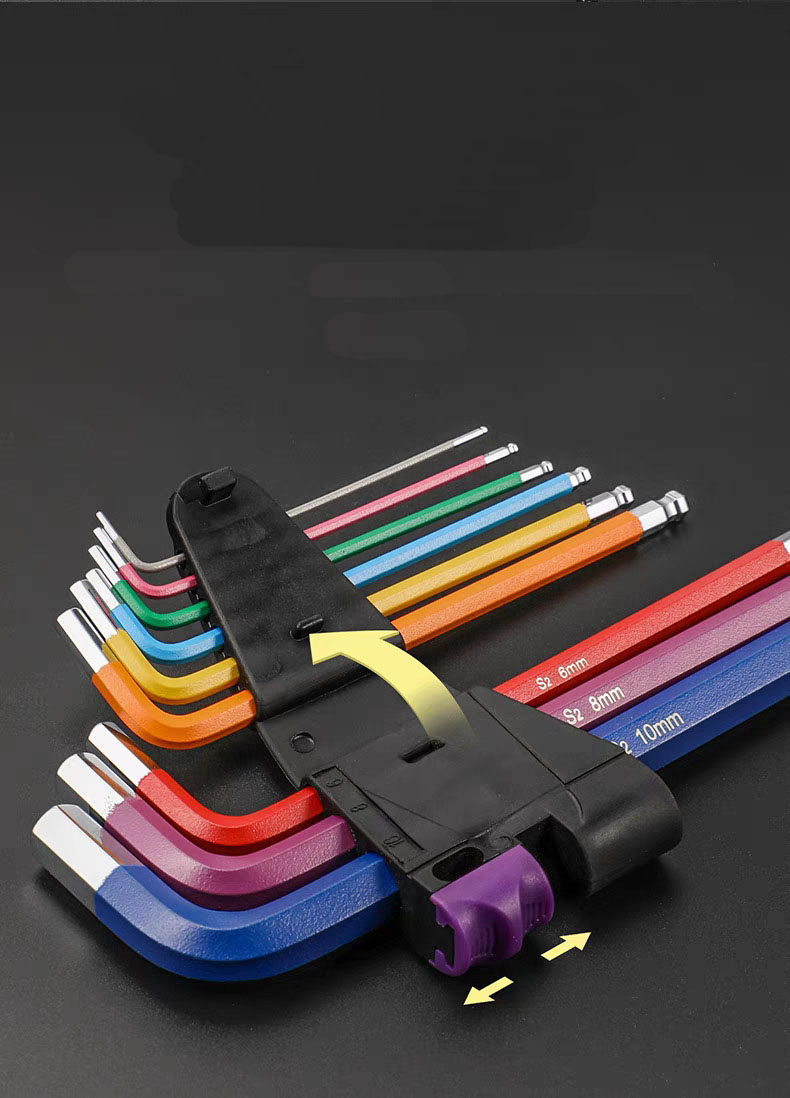 Heavy Equipment Key Set - ชุดประแจหกเหลี่ยมปลายบอลอุตสาหกรรม 9 ชิ้น, ประแจอัลเลนแบบมีรหัสสีสำหรับงานหนัก, สำหรับยานยนต์และเครื่องจักร, ประแจแรงบิด